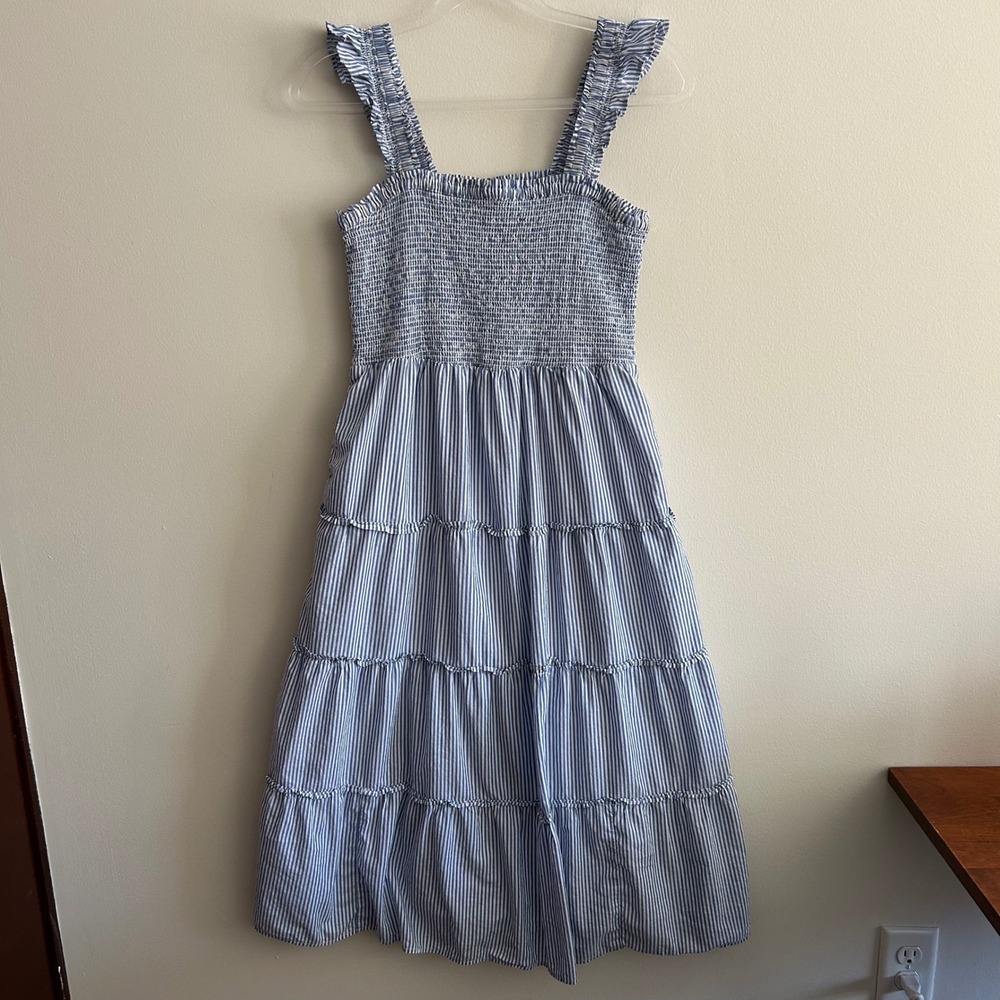 J.Crew Factory Midi Dress Blue White Small Smocked Ruffle Tiered Striped Cotton